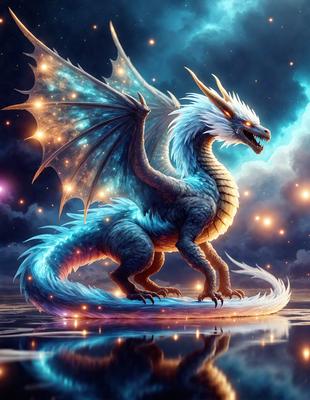Primary subject: A blue dragon with a long neck and wings.

Setting/background: The dragon is standing on a blue surface, which could be a lake or a cloud.

Visual style: The image is a digital art or illustration, featuring a detailed and colorful dragon.

Colors and mood: The dragon is predominantly blue, and the overall atmosphere is serene and magical.